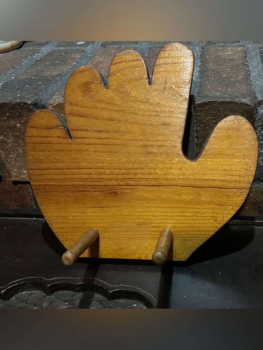 Vintage Handmade “glove” Wooden Wall Hook Rack in Warm Amber Finish